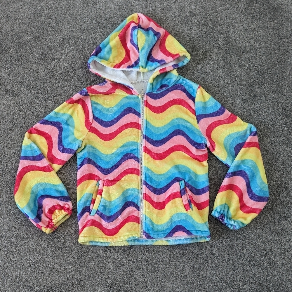 Rainbow Stripe Print Teddy Jacket Shacket Women's Size Medium Cotton Retro 90s